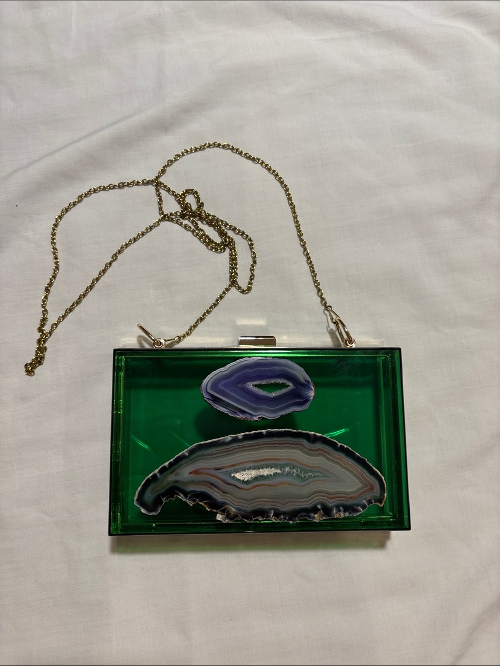 Green Agate Accent Acrylic Box Clutch with Gold Chain